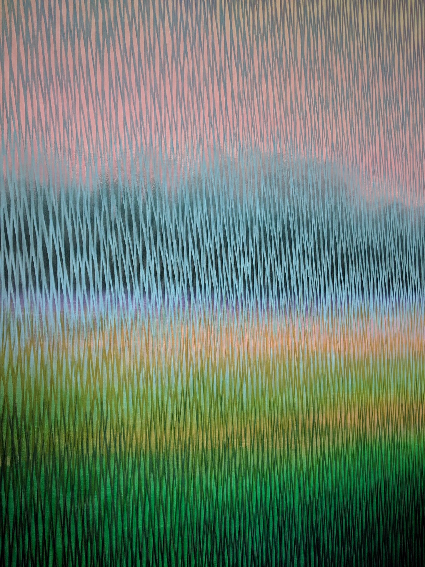 Abstract artwork with vertical brush strokes in green, blue, and pink.