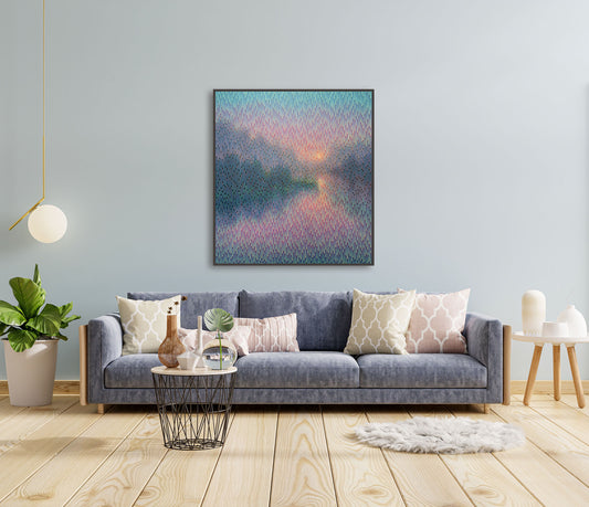 Living room with a gray sofa, decorative pillows, and a colorful abstract painting on the wall.