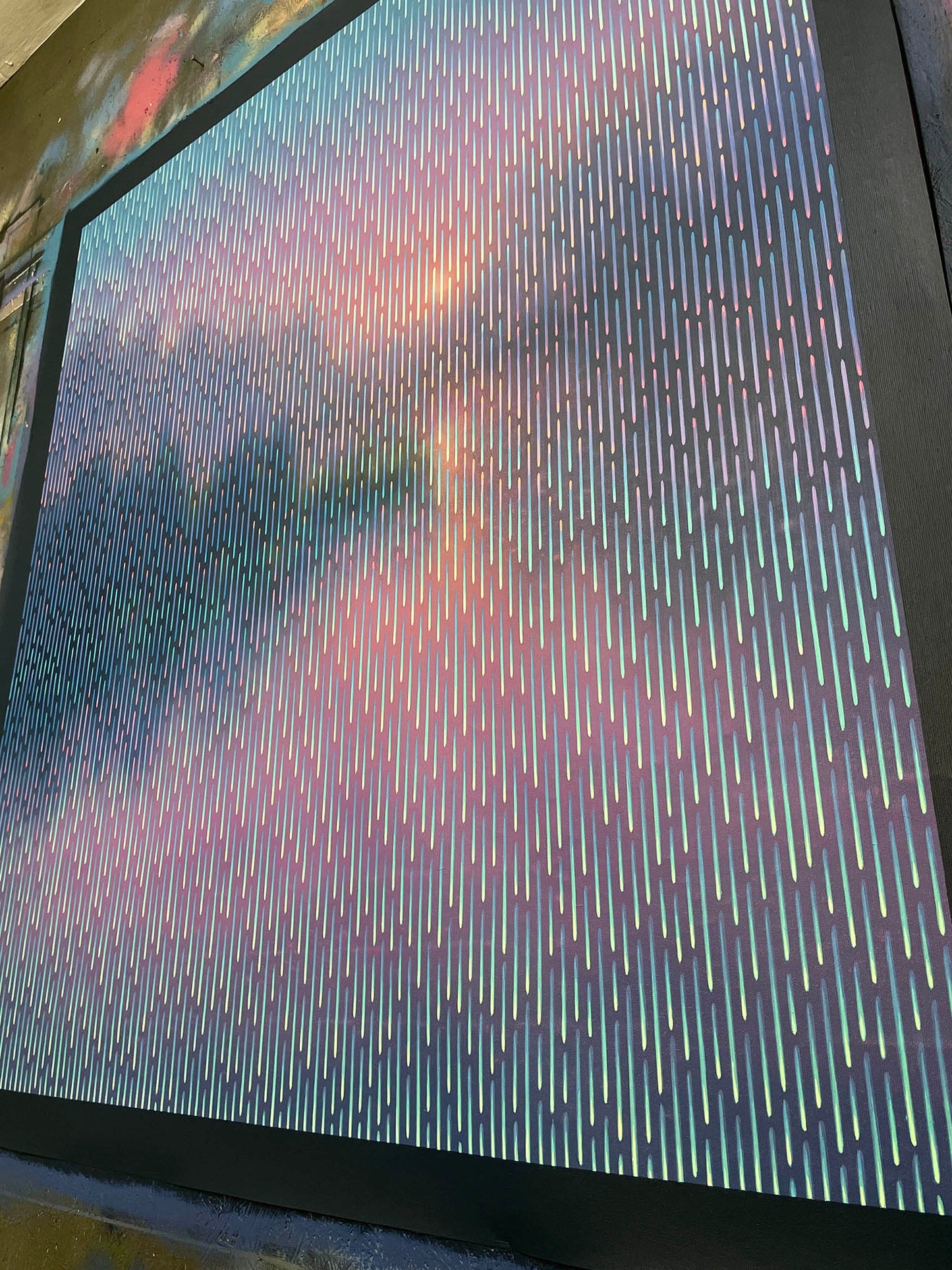 Original artwork with a colorful abstract lines on a blurred background