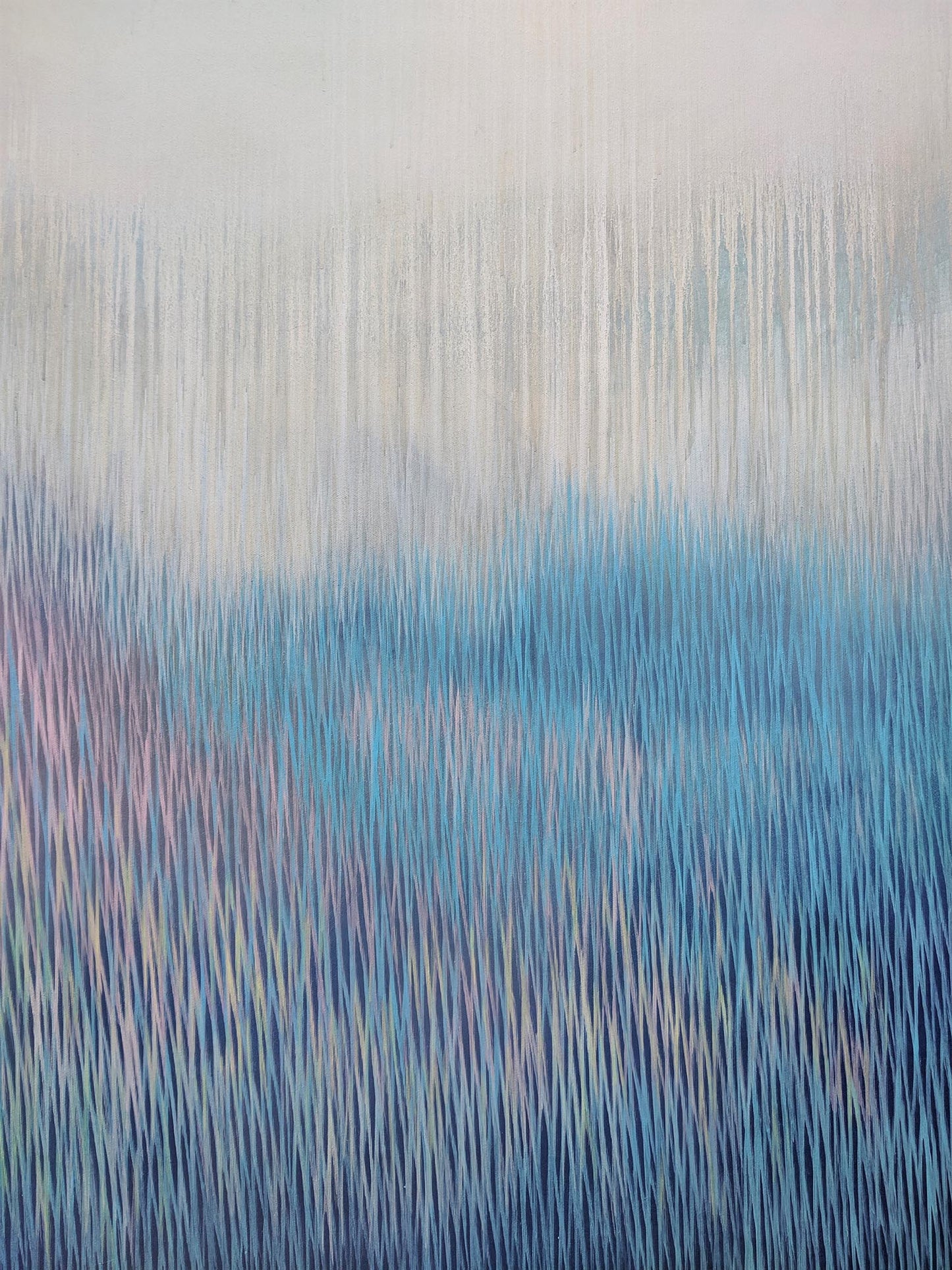 Abstract artwork with vertical brush strokes in blue and gray tones