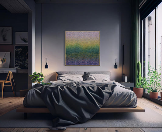 Modern bedroom enhanced by the striking presence of Vasyl Kolodiy's original canvas Mirage No. 72.