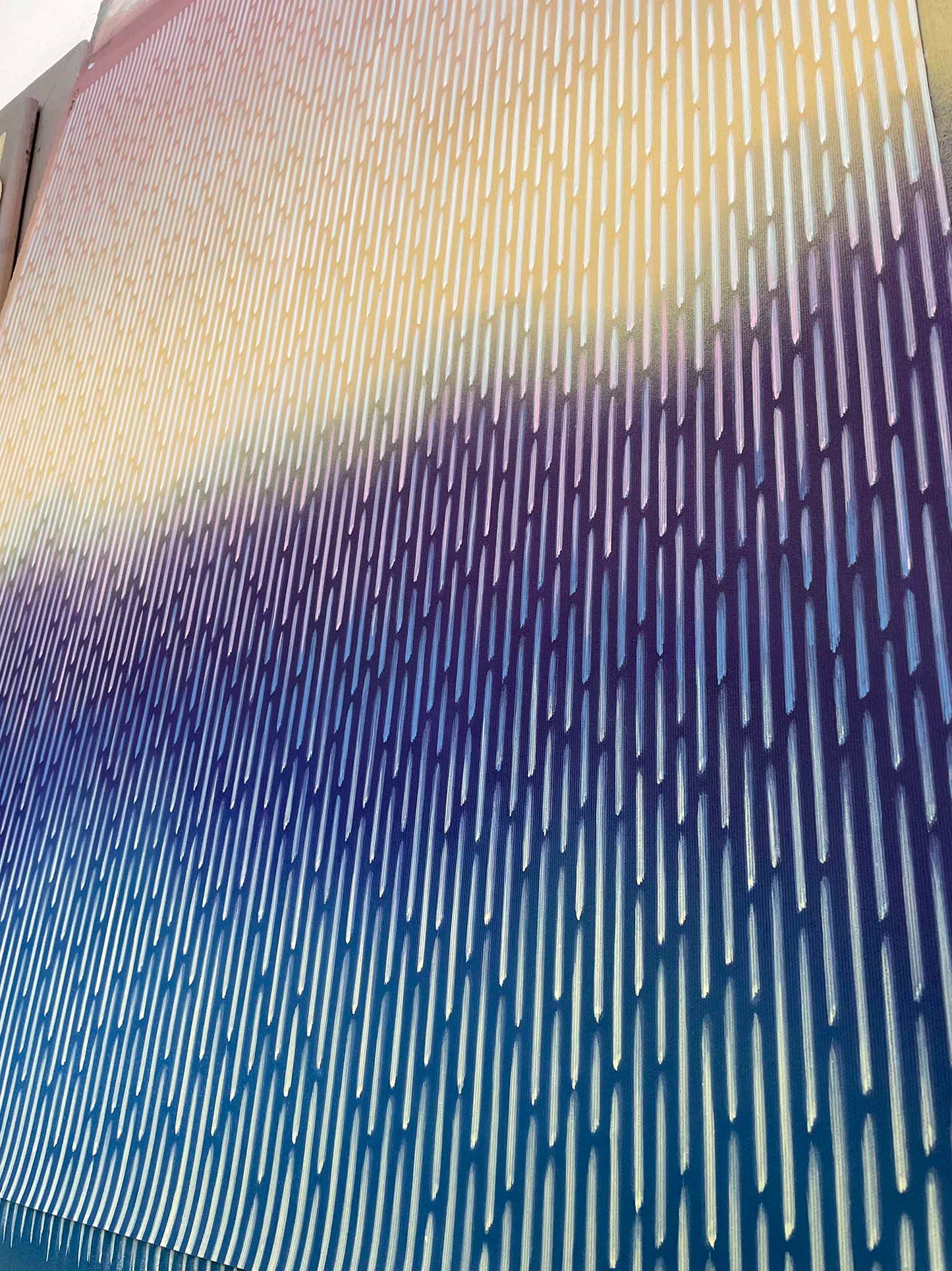 Close-up detail of the optical illusion of depth and atmospheric mist effect on the smooth surface of Mirage No. 39 painting.