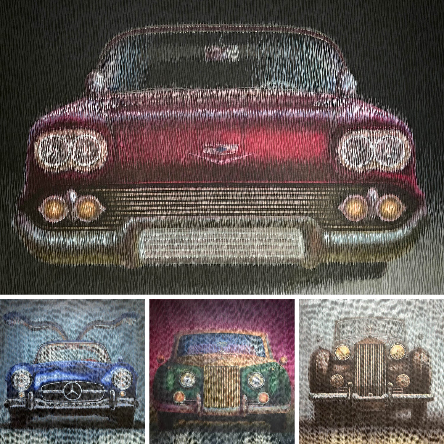 "Legends on Wheels" series by Vasyl Kolodiy: iconic vintage cars in a signature linear abstract style. Vibrant acrylic paintings capturing the soul and elegance of automotive history through bold textures and rhythmic vertical strokes