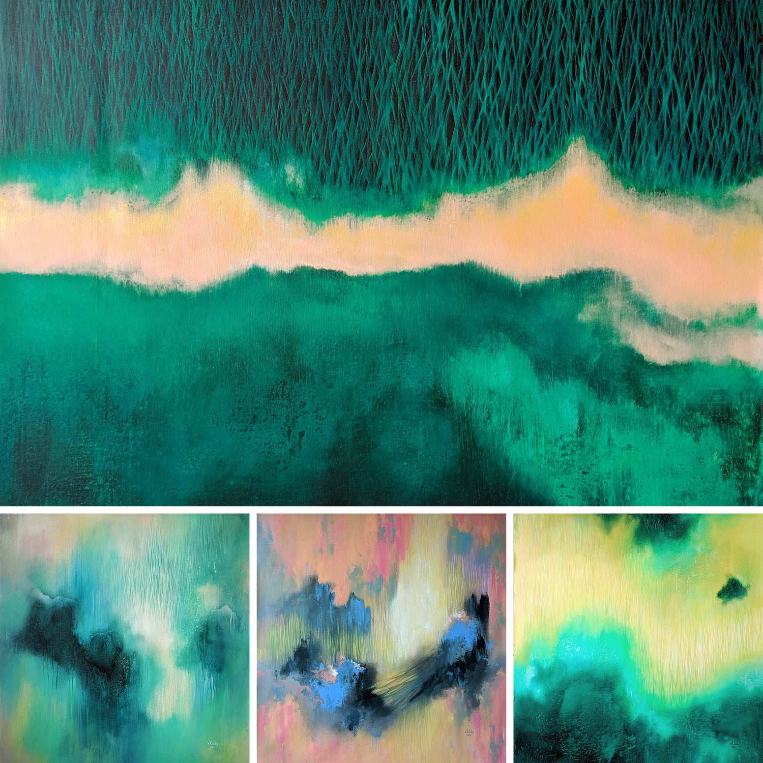 "Air" series by Vasyl Kolodiy: a collage of ethereal abstract paintings. Featuring misty teals, soft pinks, and lime greens with a signature vertical stroke technique that creates a rhythmic, vibrating atmosphere of wind and light.