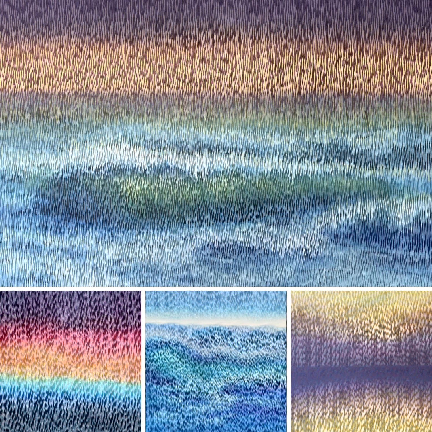 "Seascape" series by Vasyl Kolodiy: atmospheric acrylic abstracts in a signature linear style. Vibrant marine horizons in warm and cold tones reflecting the power of nature and the need for environmental protection.