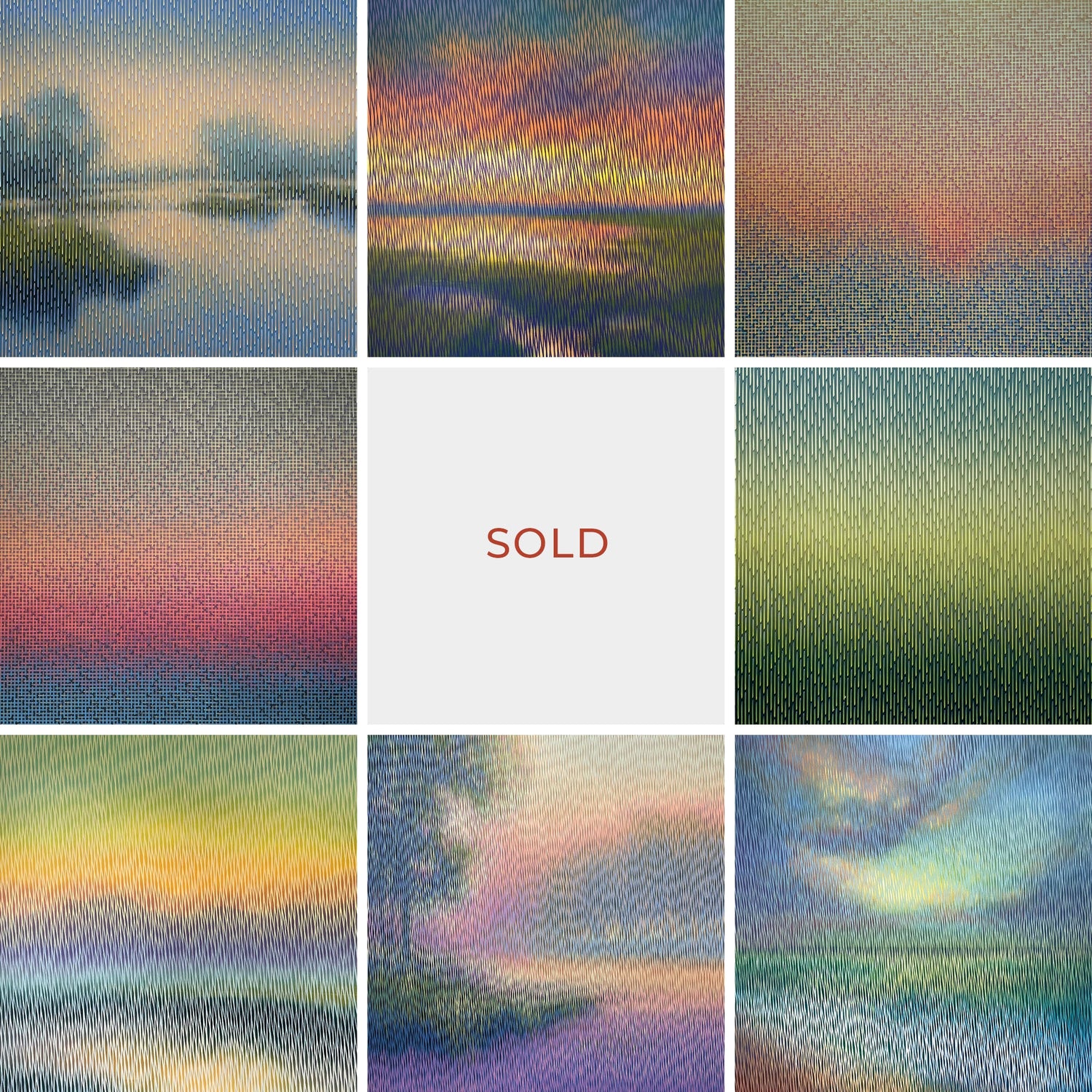 Collection of sold original artworks by Vasyl Kolodiy. A series of textured abstract landscapes showcasing a signature linear style, shimmering gradients, and rhythmic vertical brushstrokes in diverse color palettes.