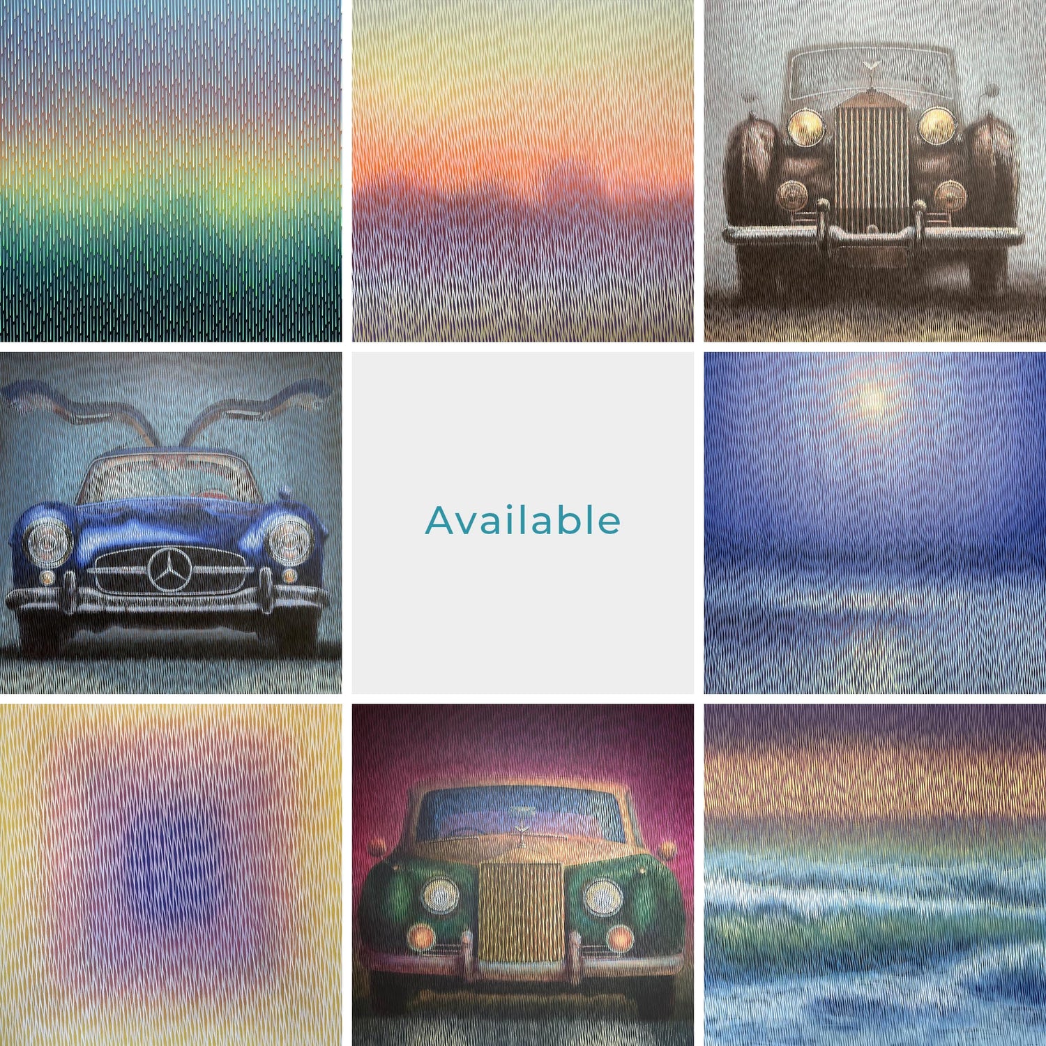 Original art by Vasyl Kolodiy. A collection of abstract landscapes and iconic silhouettes created with a unique vertical stroke technique, featuring vibrant gradients and rhythmic textures.