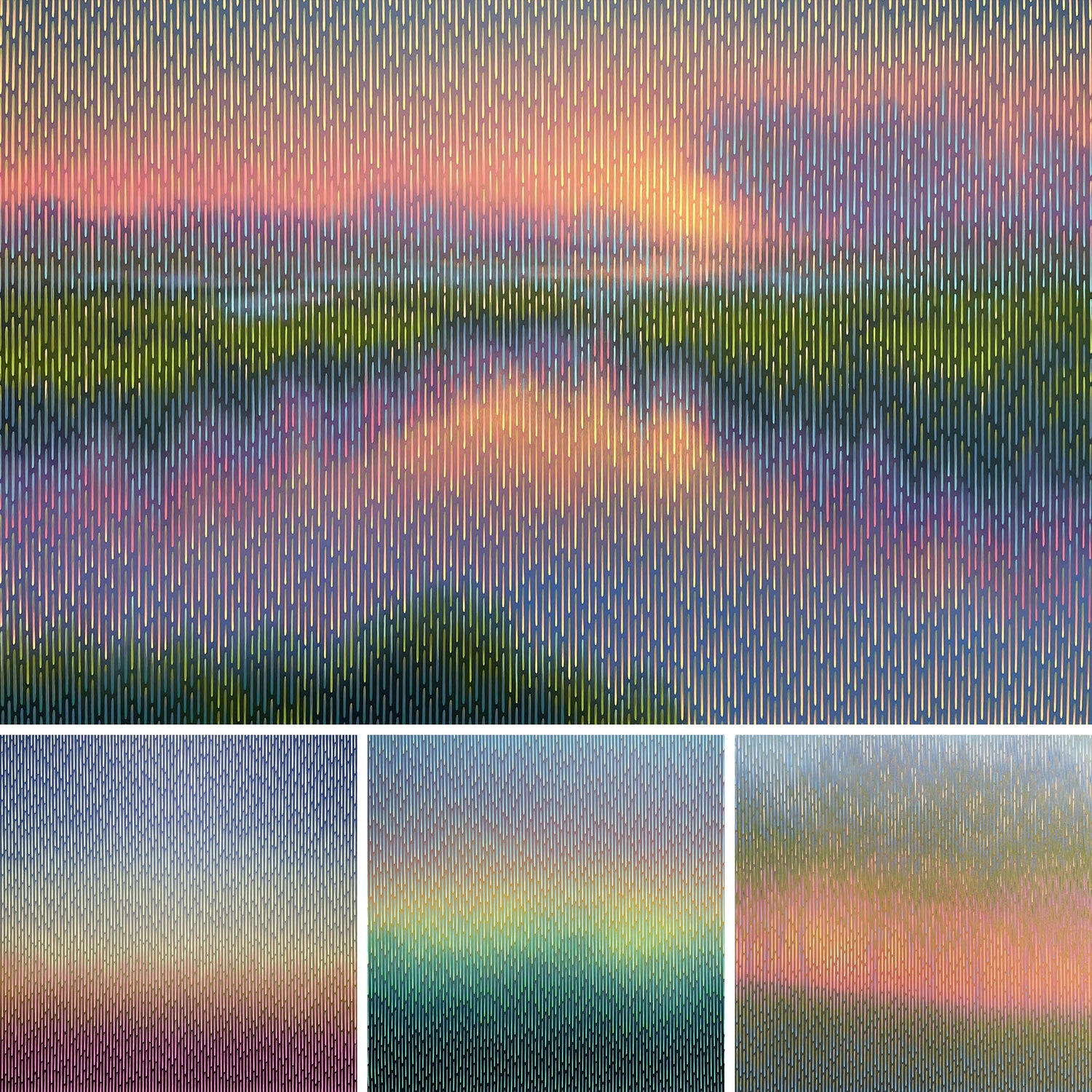 "Mirage" series by Vasyl Kolodiy: atmospheric abstract paintings exploring reality and perception. Features shimmering gradients and signature vertical textures that create a sense of shifting, unstable horizons and philosophical depth.