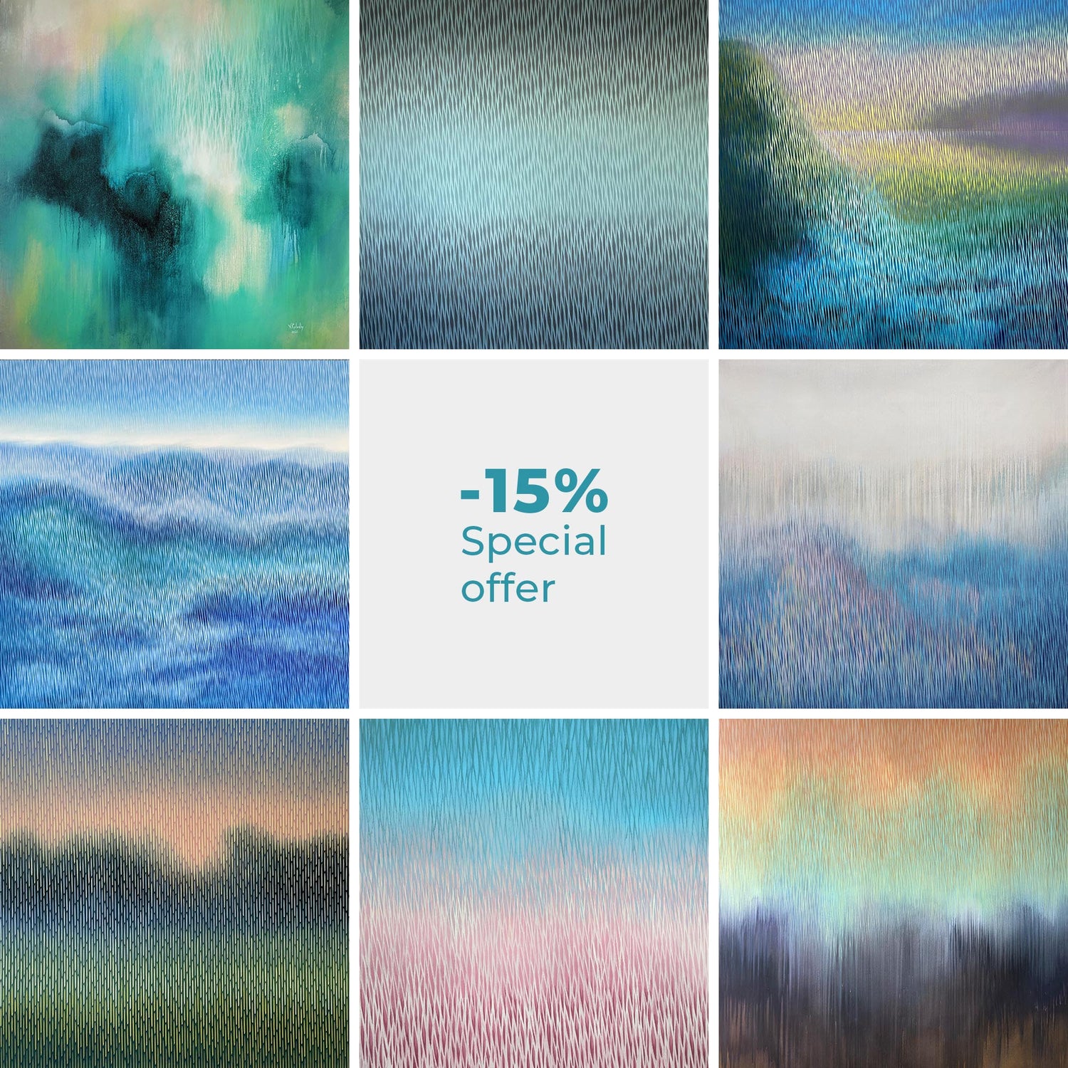 Vasyl Kolodiy art collection: textured abstract paintings with a unique linear style and vibrant gradients. Special -15% offer included in this curated selection of available original works.