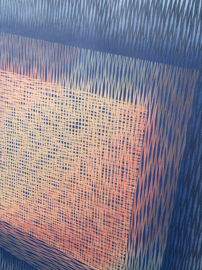 Close-up of a acrylic painting with blue and pink patterns