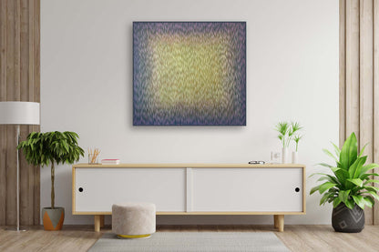Modern living room with a white console table, abstract painting, and potted plants.