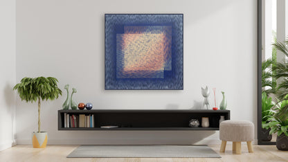 Modern living room with a black entertainment console, abstract painting, and decorative items.