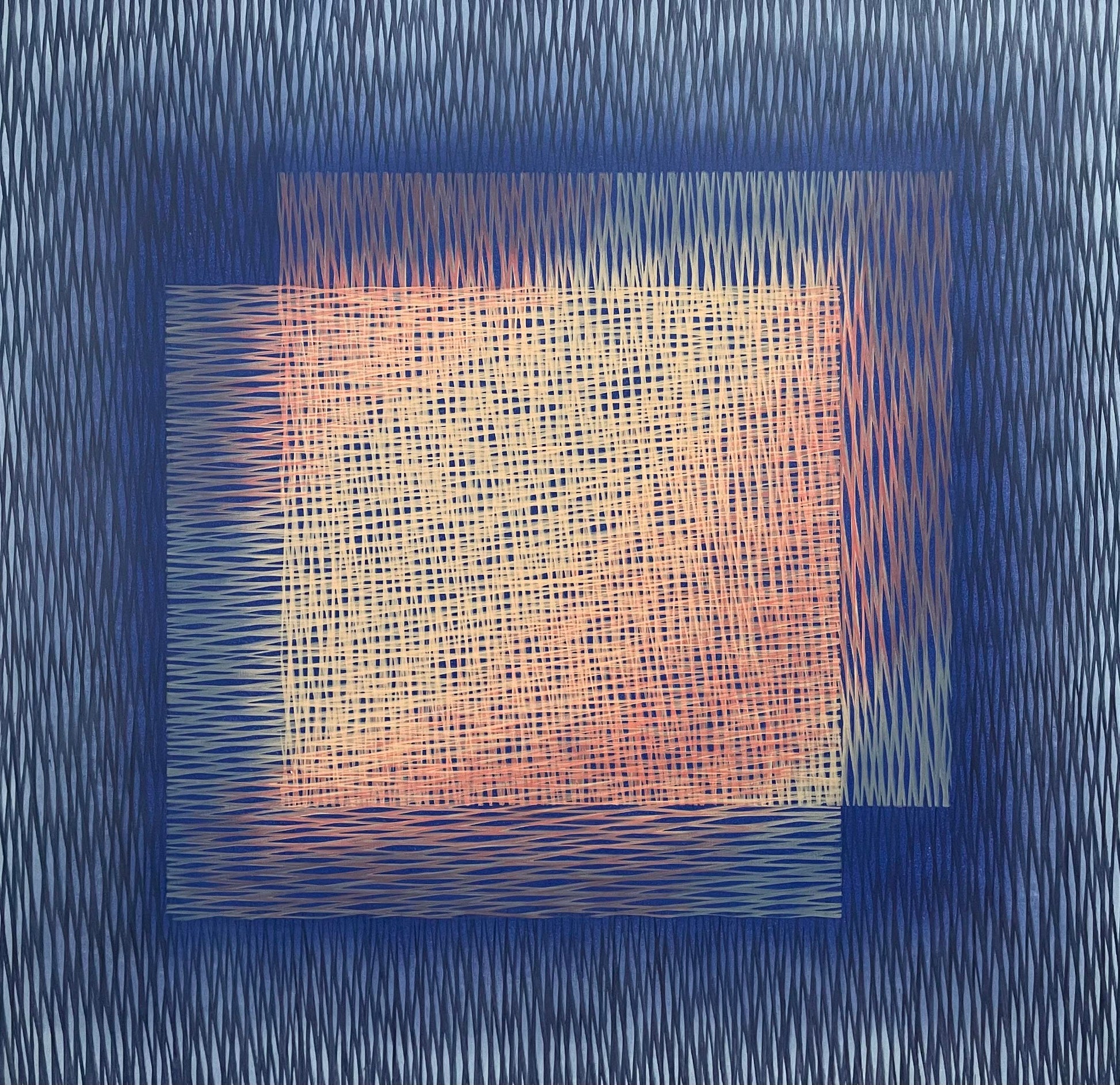 Abstract art with a central square and wavy lines on a blue background