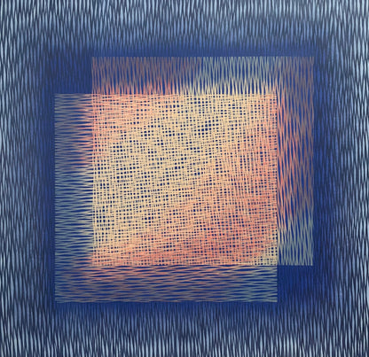 Abstract art with a central square and wavy lines on a blue background