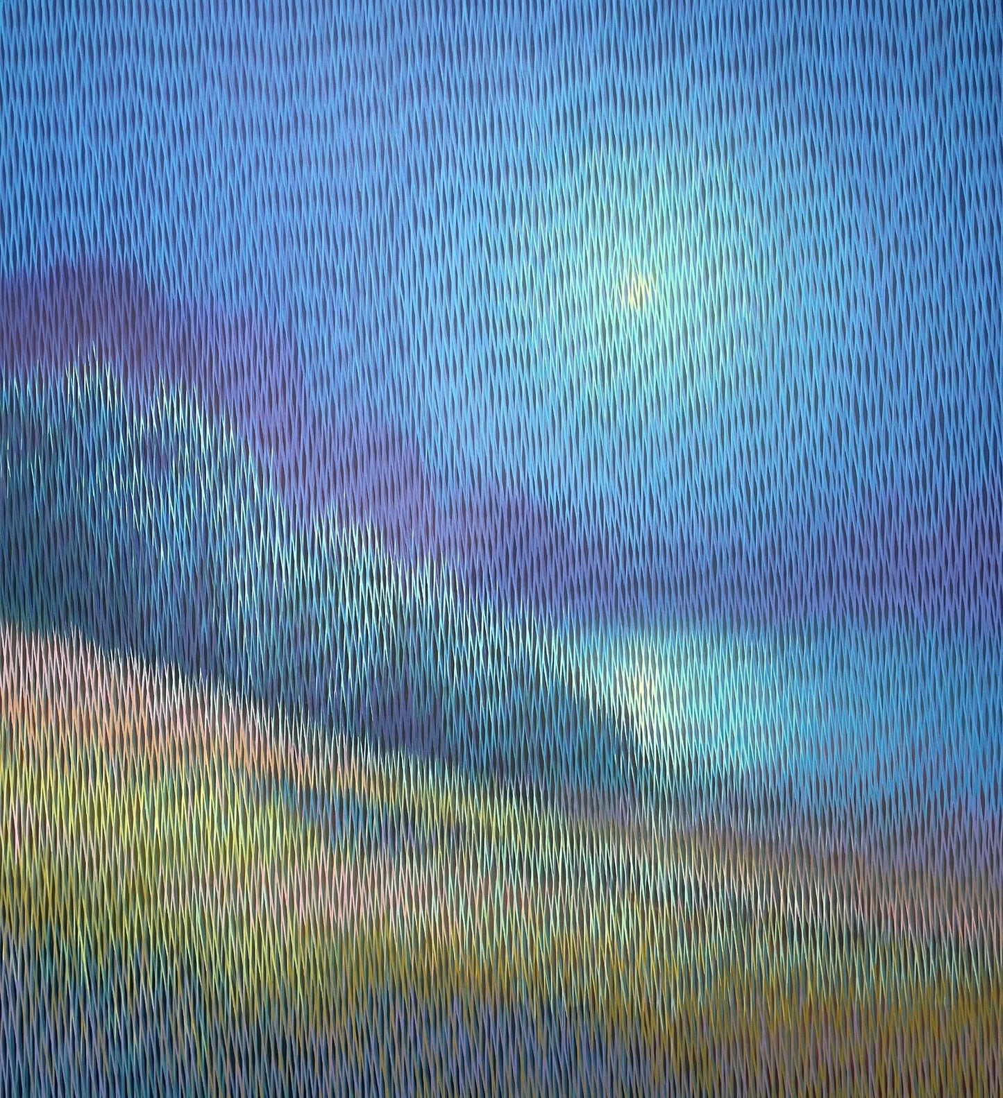 Abstract painting of a landscape with blue sky and green fields