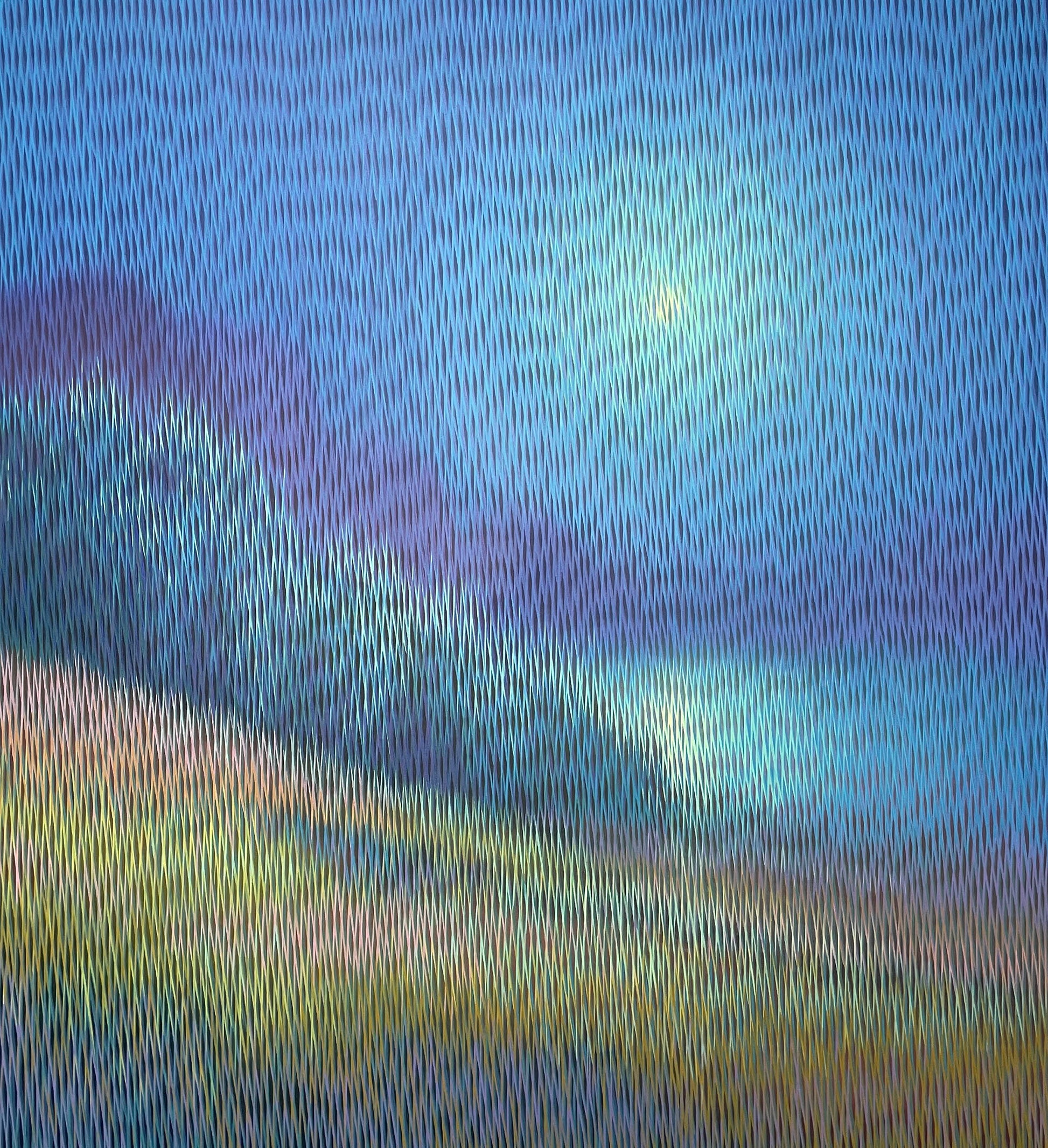 Abstract painting of a landscape with blue sky and green fields
