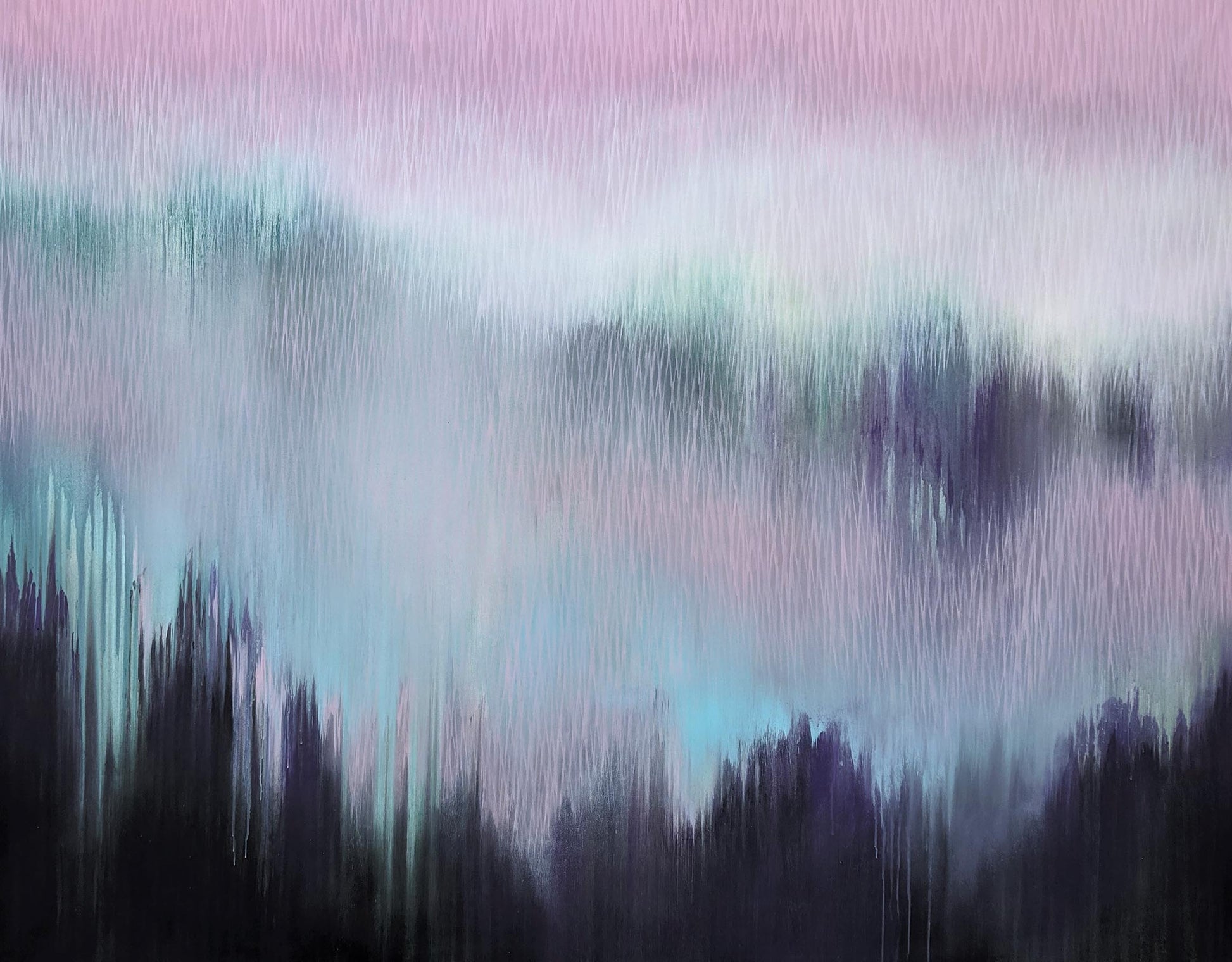 Abstract  painting with a gradient of purple, blue, and green hues.