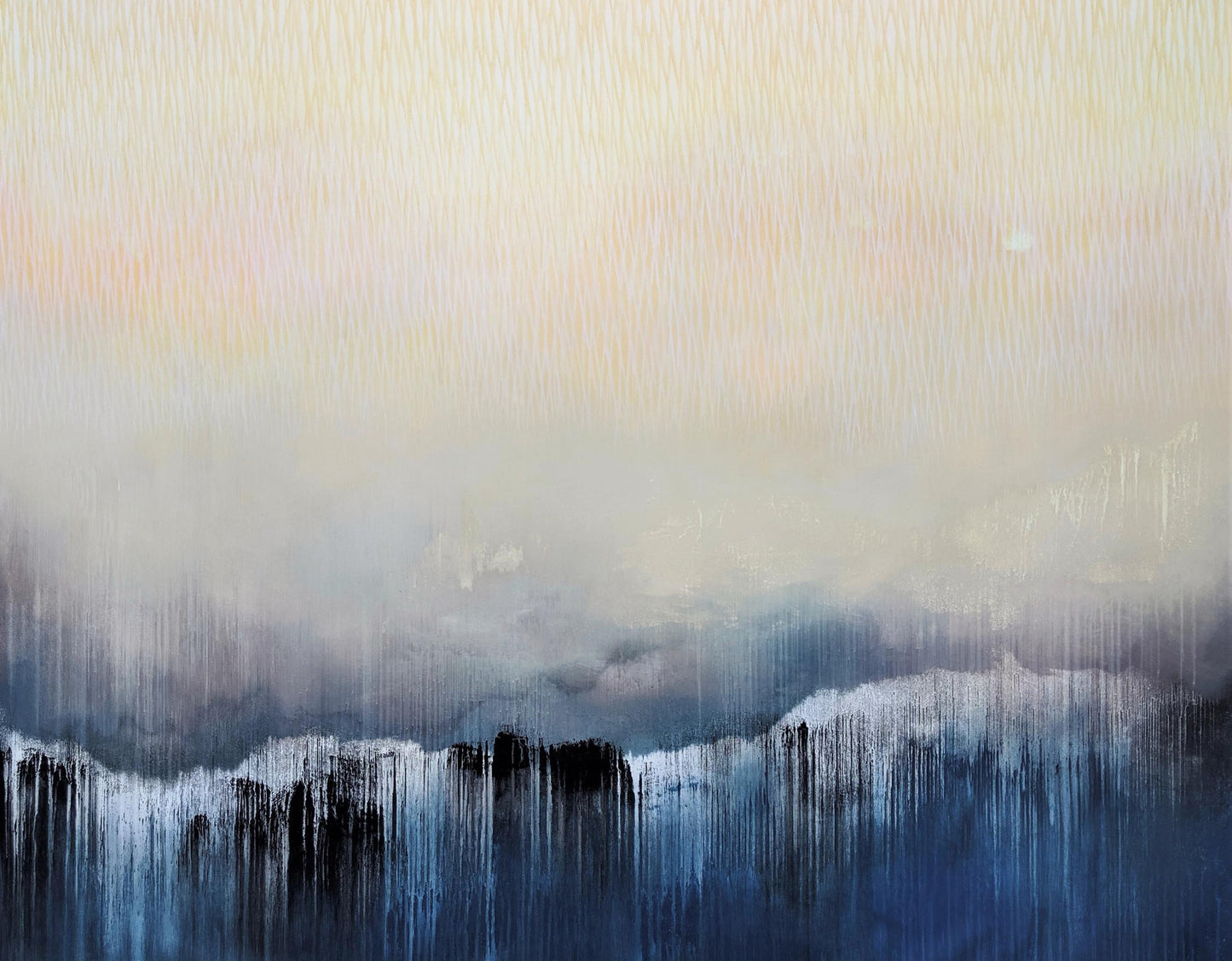 Abstract art with horizontal brush strokes in blue, white, and gray.