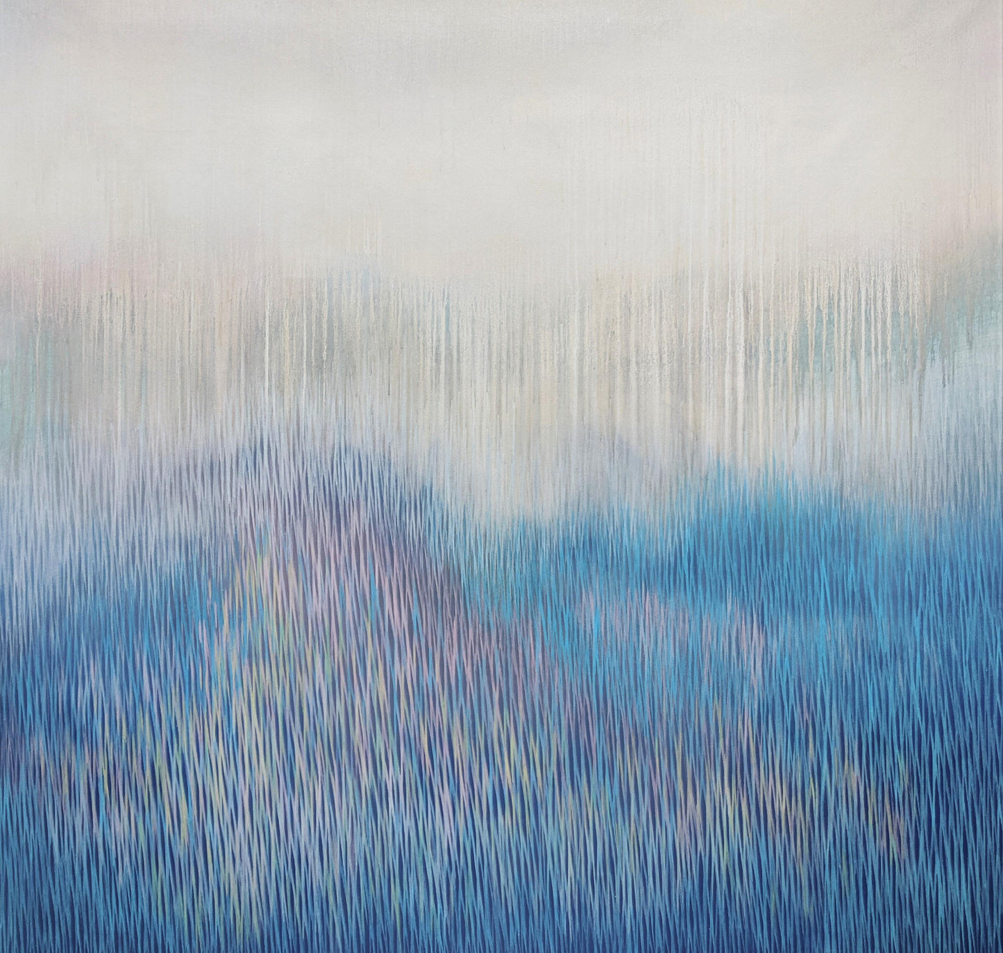 Abstract art with vertical brushstrokes in blue and gray on a textured background