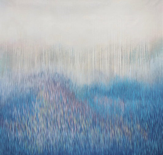 Abstract art with vertical brushstrokes in blue and gray on a textured background
