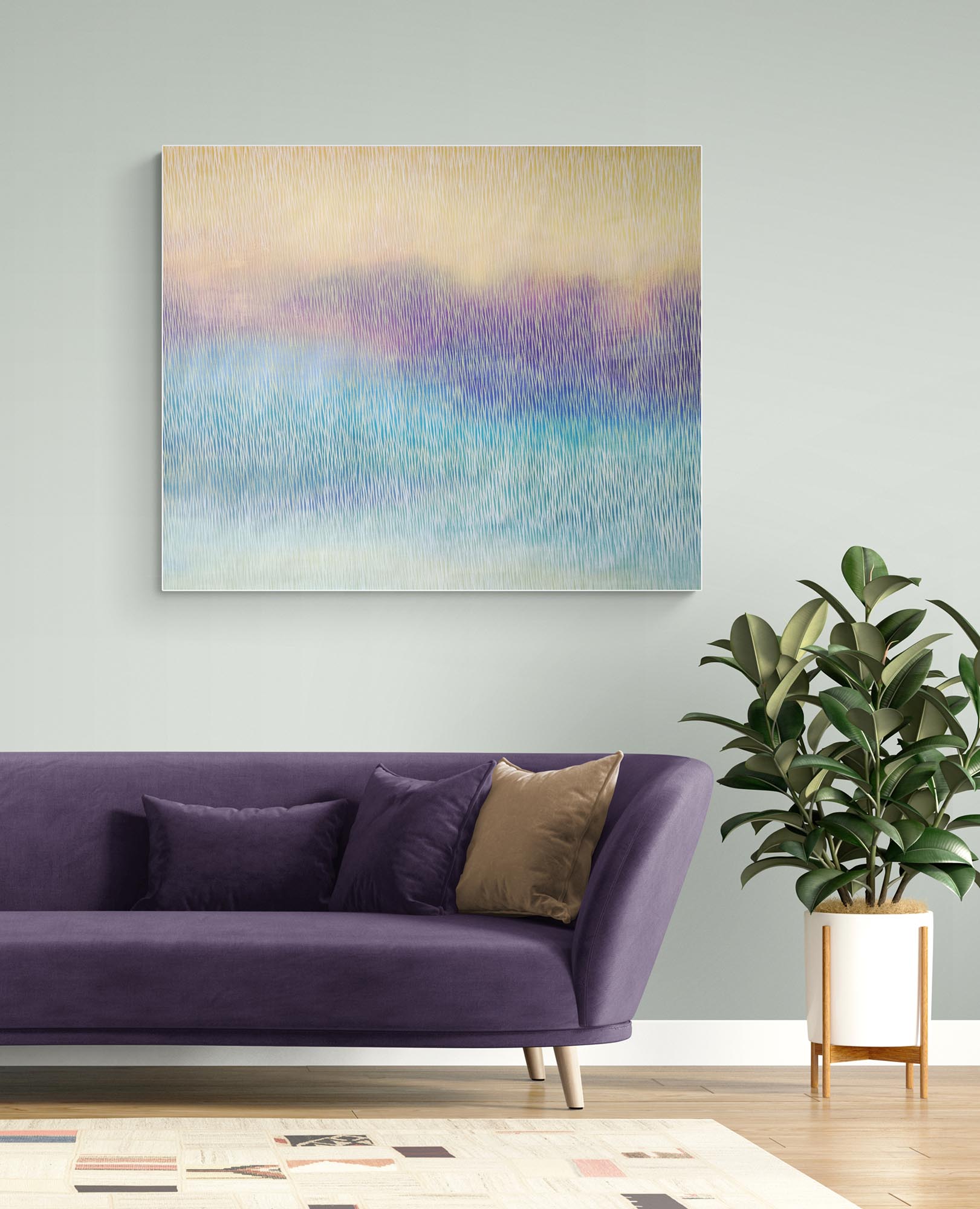 Purple sofa with decorative pillows in a room with a colorful abstract painting on the wall.