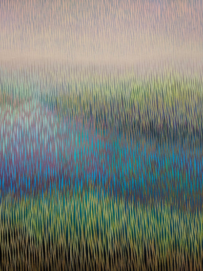 Abstract pattern with vertical lines in green, blue, and black on a textured background