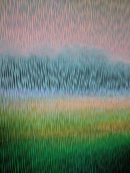Abstract artwork with vertical brush strokes in green, blue, and pink.
