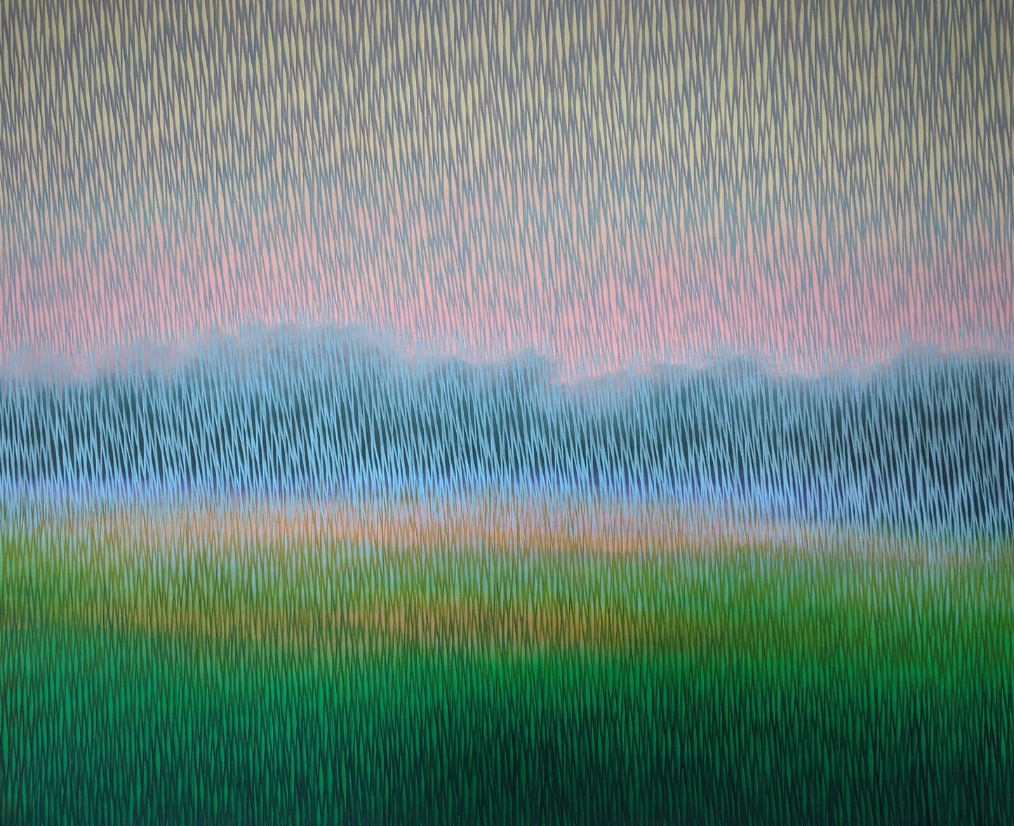 Abstract landscape art with horizontal brushstrokes in green, blue, and pink.