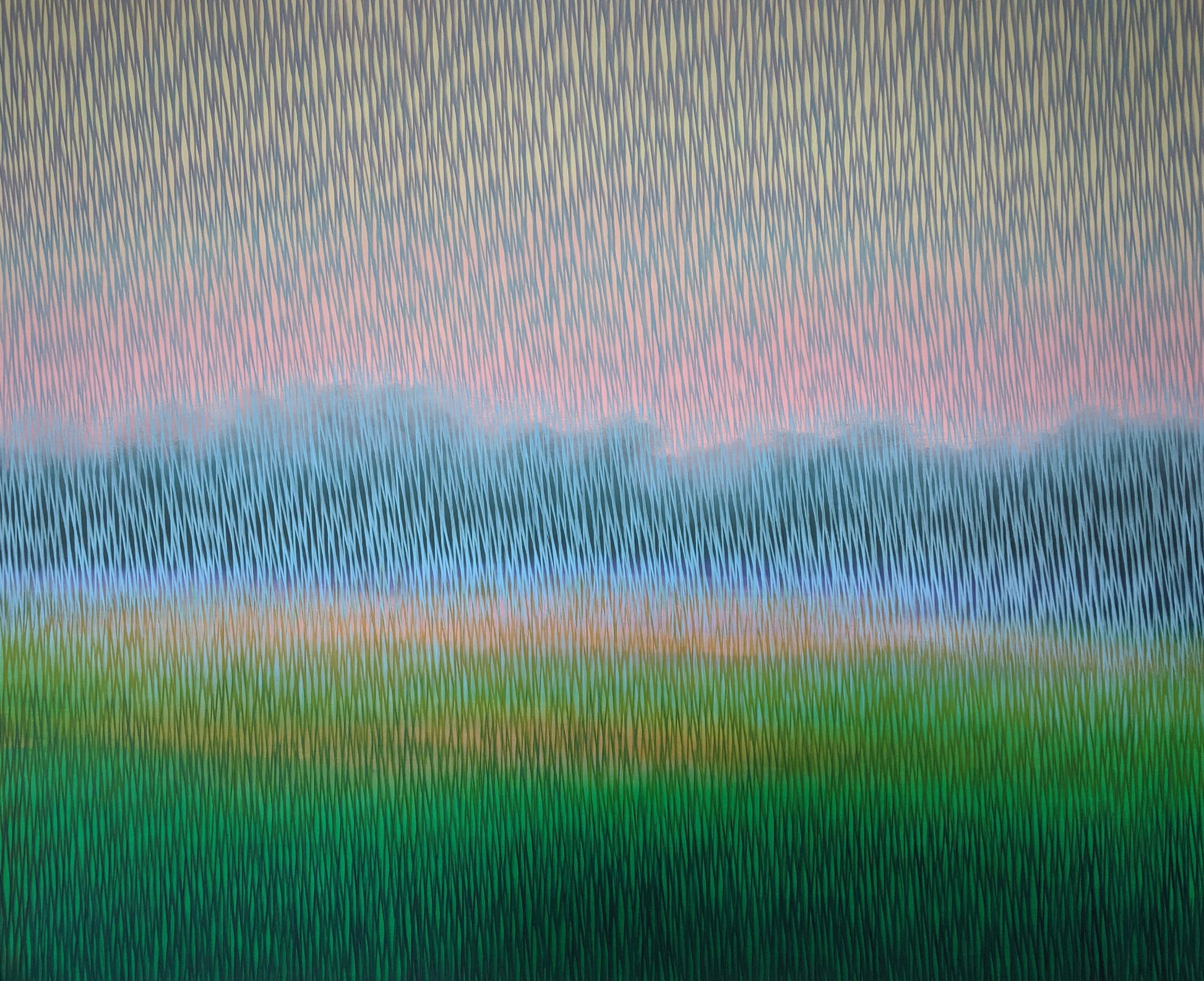 Abstract landscape art with horizontal brushstrokes in green, blue, and pink.