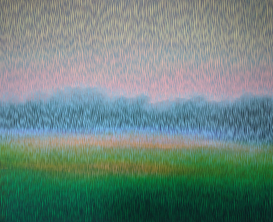 Abstract landscape art with horizontal brushstrokes in green, blue, and pink.