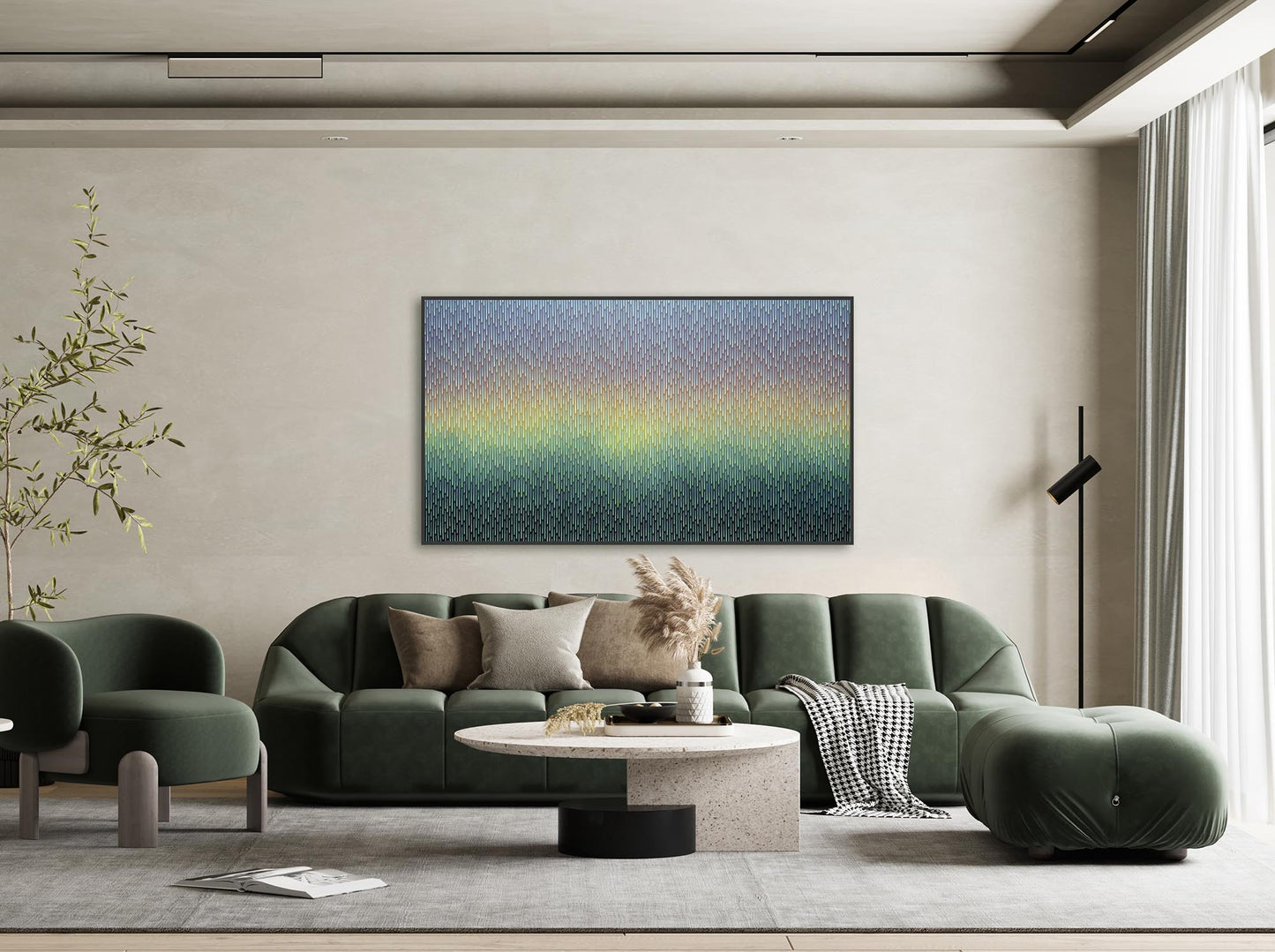 Modern living room with a green sofa, coffee table, and abstract wall art.