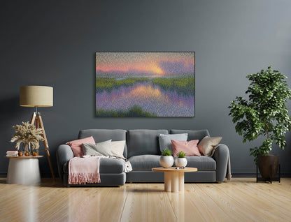 Living room with a gray sofa, decorative pillows, a small table, and a painting of a landscape on the wall.