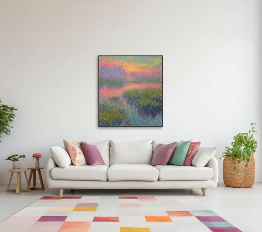 Living room with a white sofa, colorful rug, and a vibrant abstract painting on the wall.