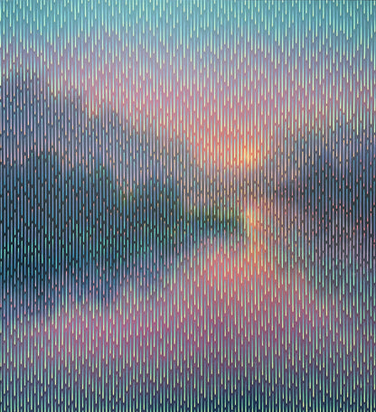 Abstract artwork with vertical lines in blue, purple, and green.
