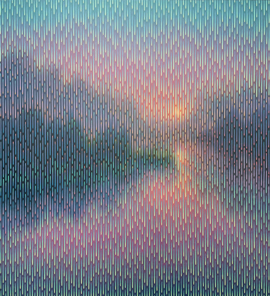 Abstract artwork with vertical lines in blue, purple, and green.