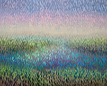 Abstract landscape modern painting with blue and green hues