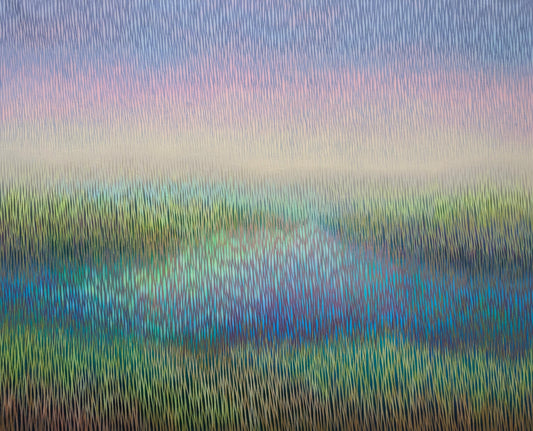 Abstract landscape modern painting with blue and green hues