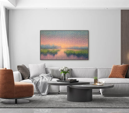 Modern living room with a large original painting a nature scene, gray sofa, and brown armchair.