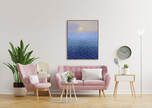 Modern living room with pink sofa, armchair, and contemporary wall art.