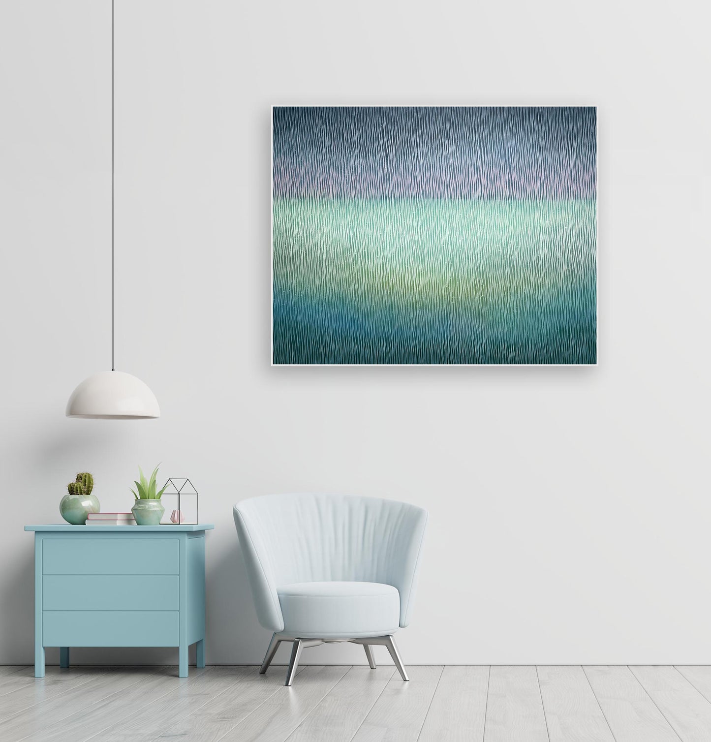 Modern interior with a light blue chair, small table, and abstract painting on a white wall.