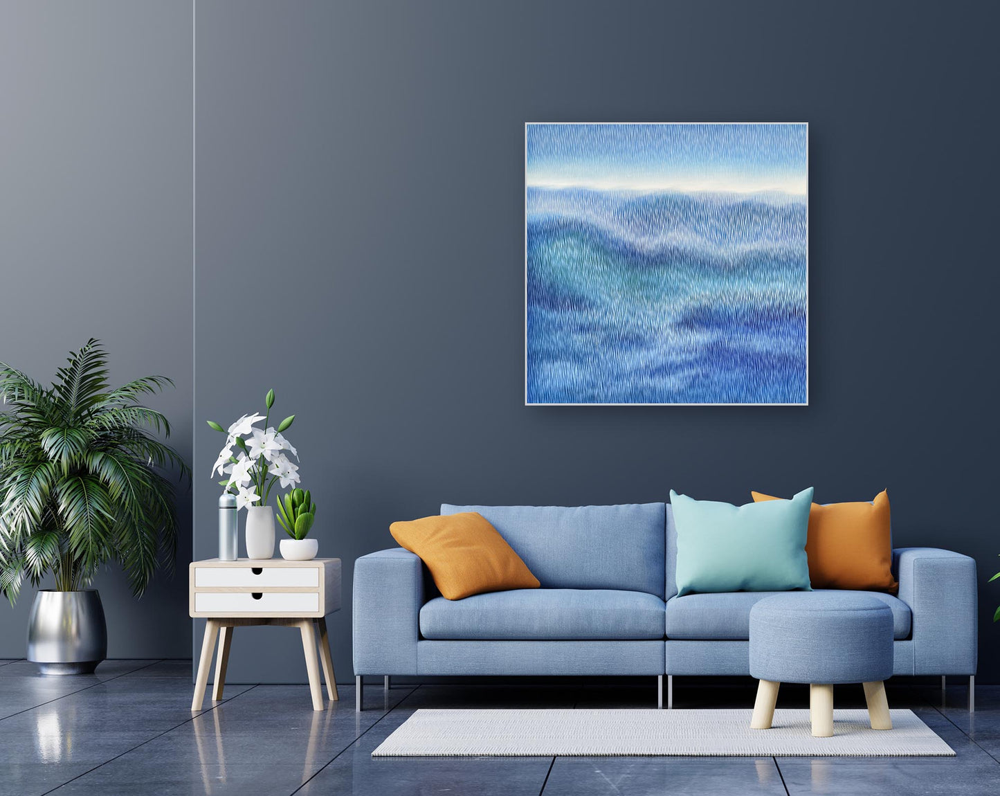 Modern living room with a blue sofa, colorful cushions, and a abstract painting on the wall.