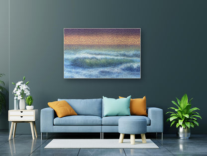 Modern living room with a blue sofa, colorful cushions, and a painting of a landscape on the wall.