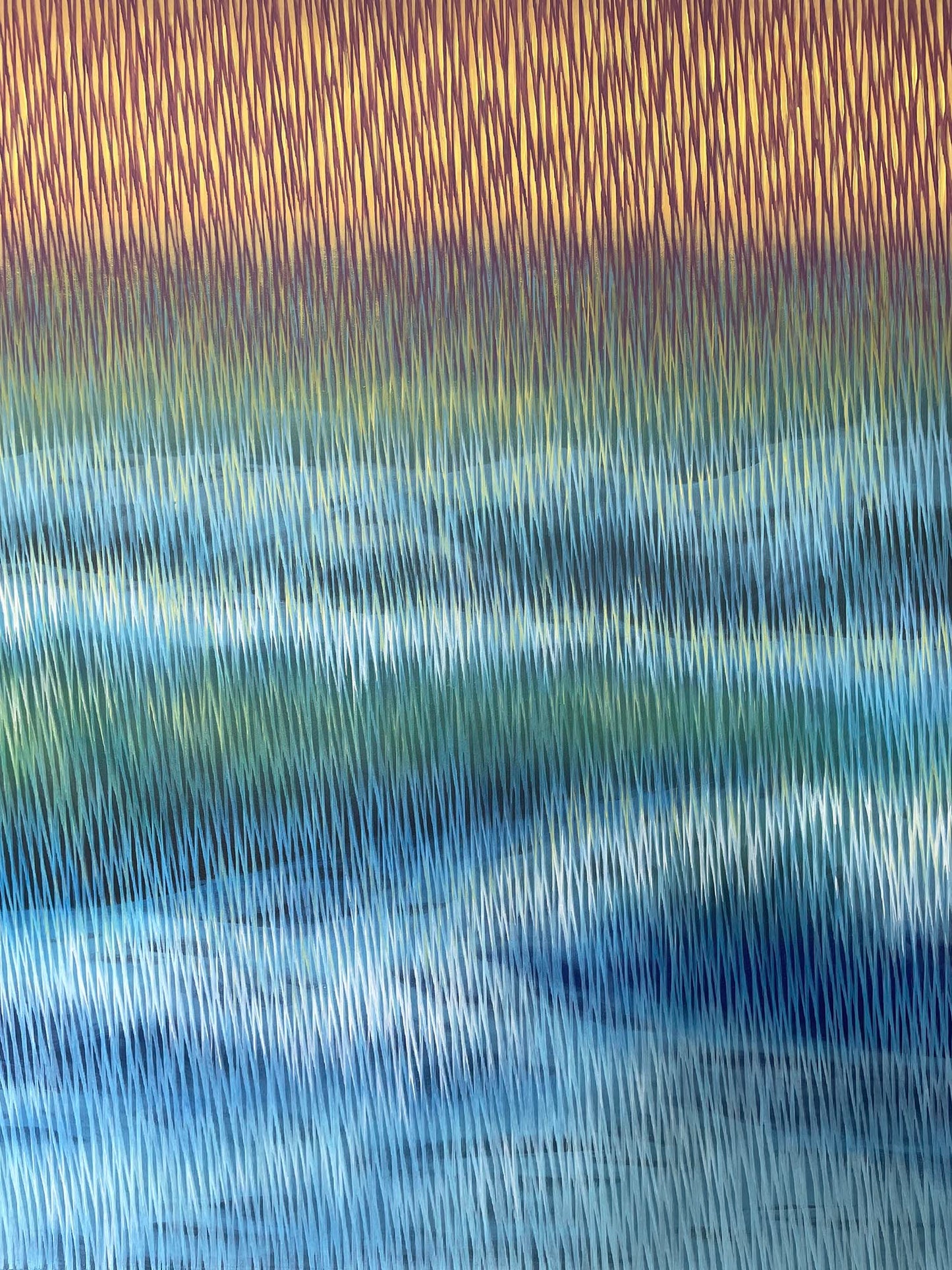 Close-up of canvas with horizontal lines in blue, green, and brown.