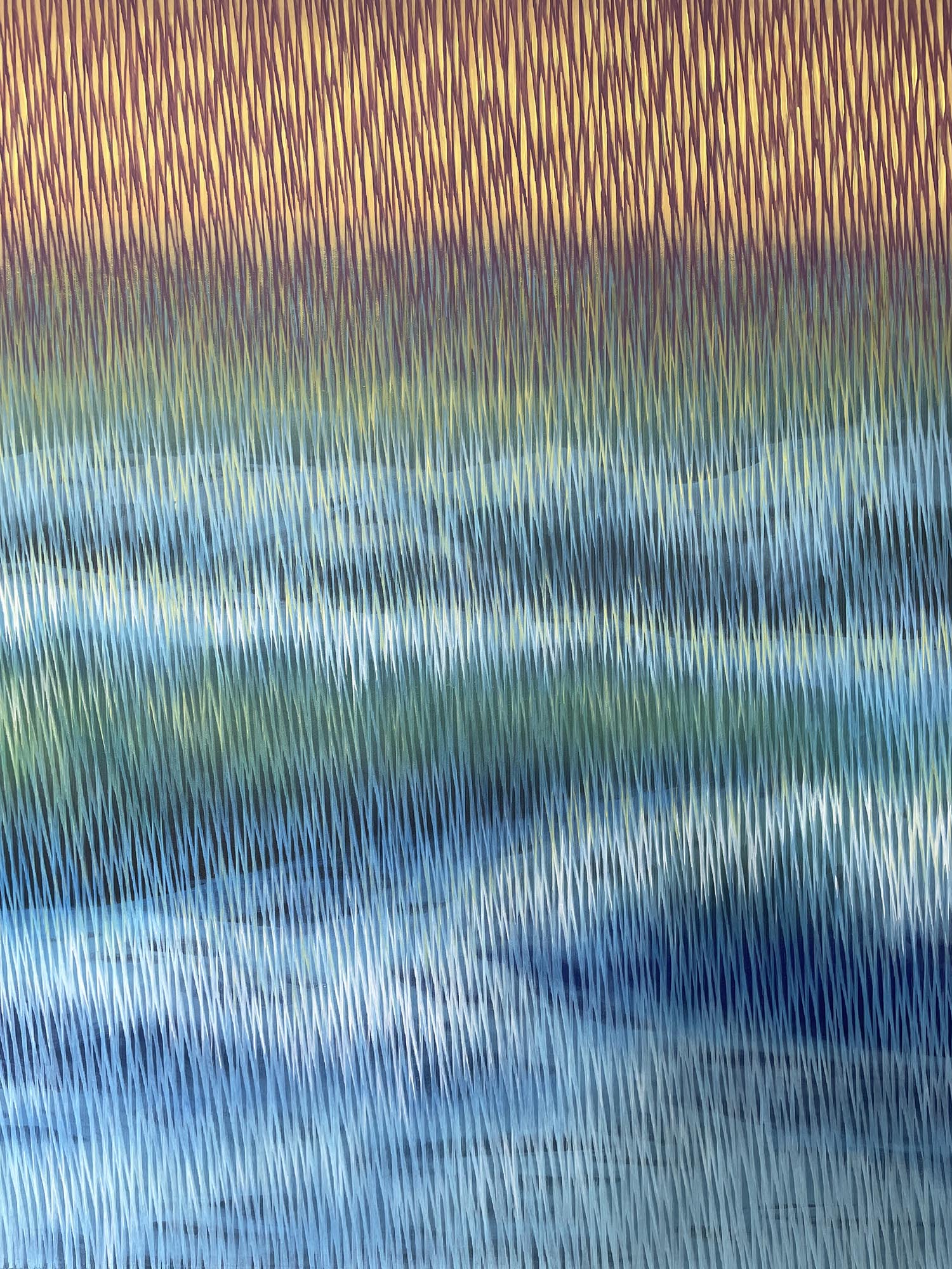 Close-up of canvas with horizontal lines in blue, green, and brown.