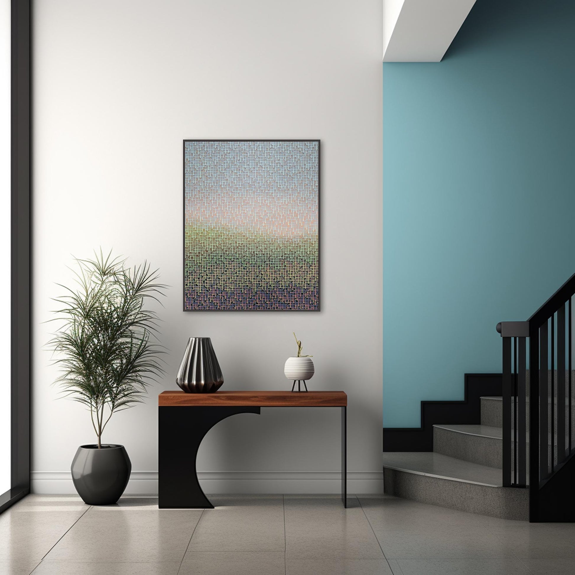 Modern interior with a table, plant, and abstract painting on a white wall.
