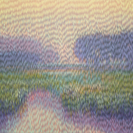Abstract artwork with a blurred landscape of trees and sky.