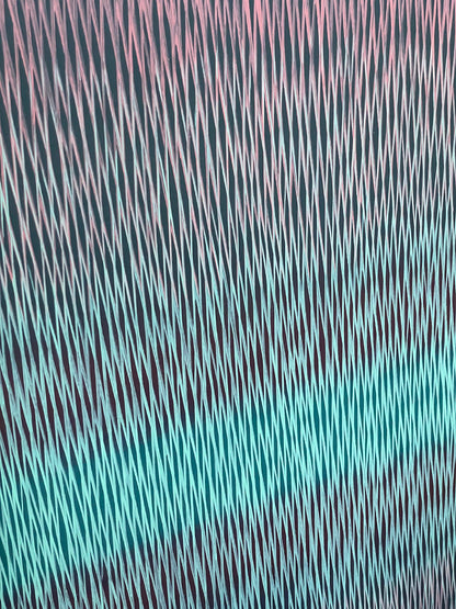 Textured pattern with wavy lines in pink, white, and green on a dark background