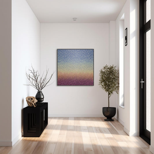 Modern interior with a colorful abstract painting on a white wall, black cabinet, and potted plants.