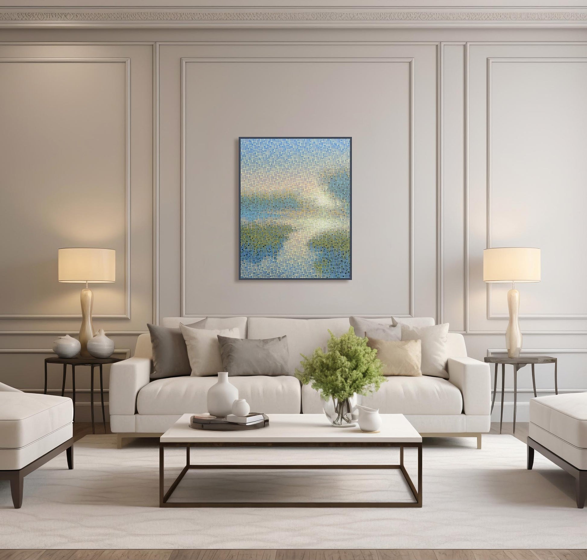 Modern living room with a white sofa, coffee table, and decorative elements.