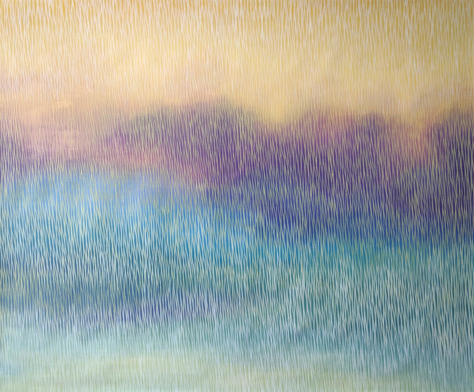 Abstract art with horizontal brush strokes in blue, purple, and yellow.